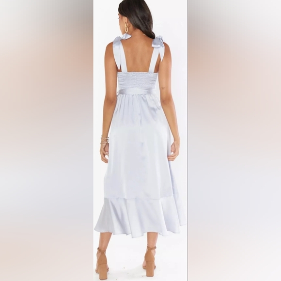 Show Me Your MuMu Claire Midi Dress Silver Luxe Satin Size Medium New With Tags - Picture 9 of 9